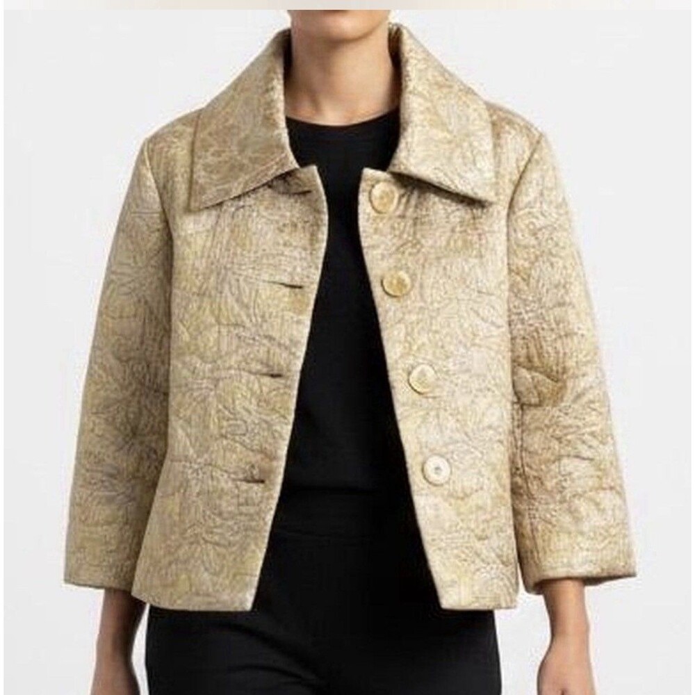 Talbots Cream Gold Metallic Paisley Brocade Jacket Blazer Textured Sz 10